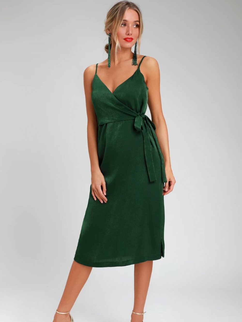 Fall In Love Forest Green Satin Midi Wrap Dress SZ L NWT
